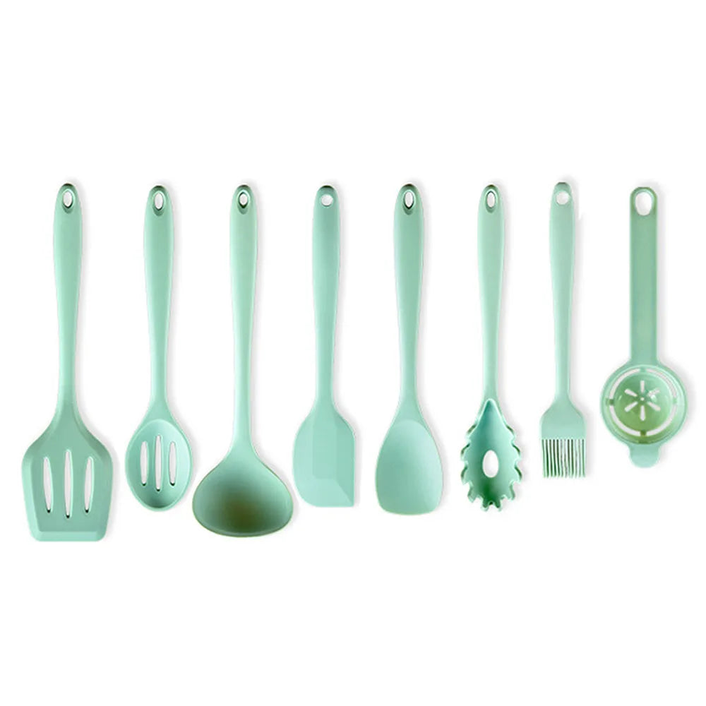 Conjunto de utensílios de cozinha de silicone resistente ao calor verde, colher de sopa, pincel, concha, espátula para macarrão, escorredor, utensílios de cozinha antiaderentes