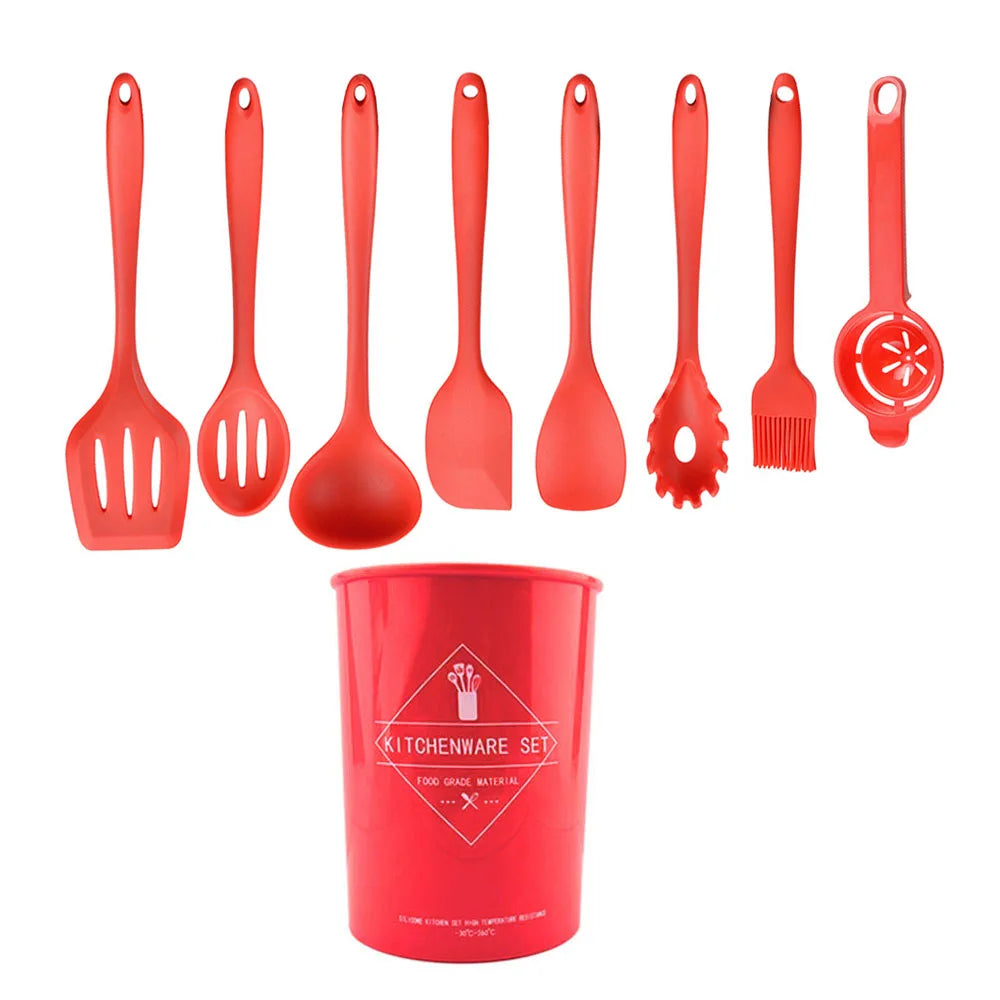 Conjunto de utensílios de cozinha de silicone resistente ao calor verde, colher de sopa, pincel, concha, espátula para macarrão, escorredor, utensílios de cozinha antiaderentes