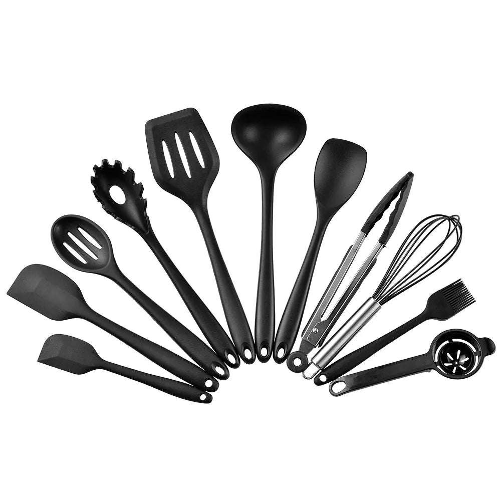 Conjunto de utensílios de cozinha de silicone resistente ao calor verde, colher de sopa, pincel, concha, espátula para macarrão, escorredor, utensílios de cozinha antiaderentes