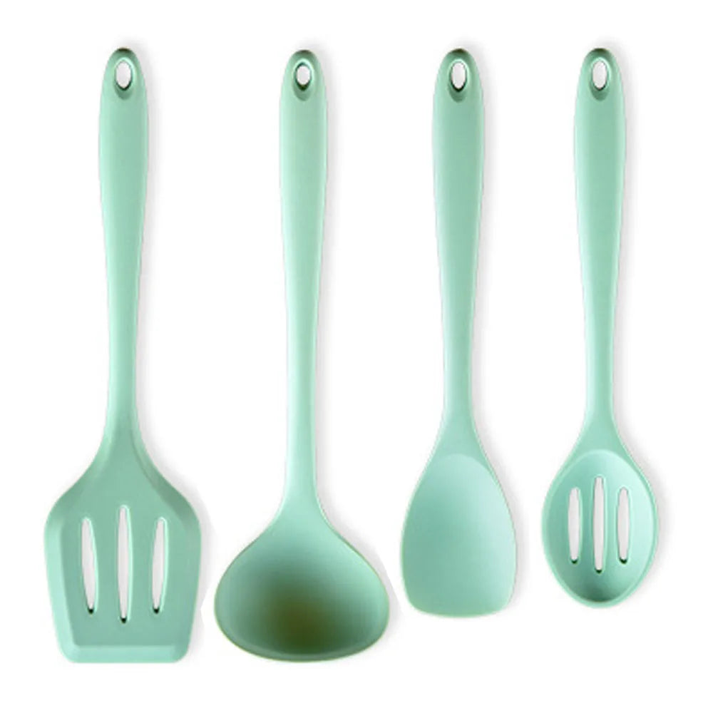 Conjunto de utensílios de cozinha de silicone resistente ao calor verde, colher de sopa, pincel, concha, espátula para macarrão, escorredor, utensílios de cozinha antiaderentes