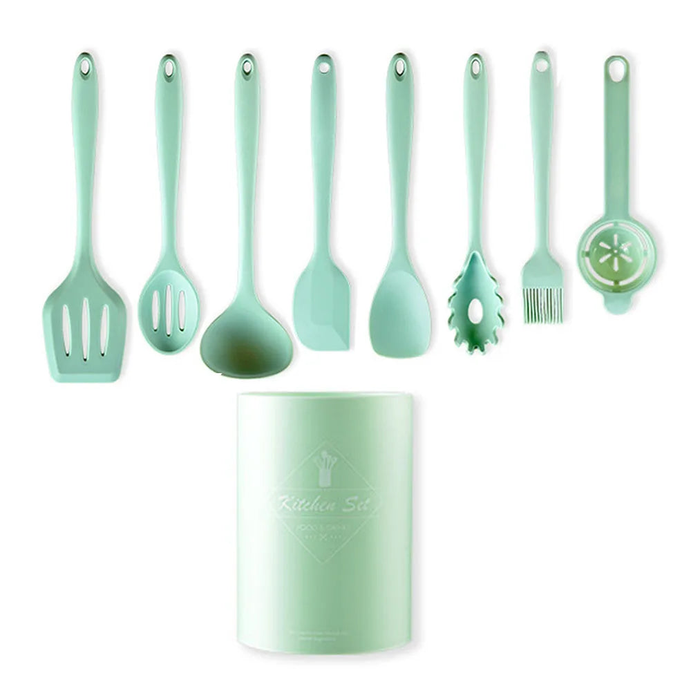 Conjunto de utensílios de cozinha de silicone resistente ao calor verde, colher de sopa, pincel, concha, espátula para macarrão, escorredor, utensílios de cozinha antiaderentes