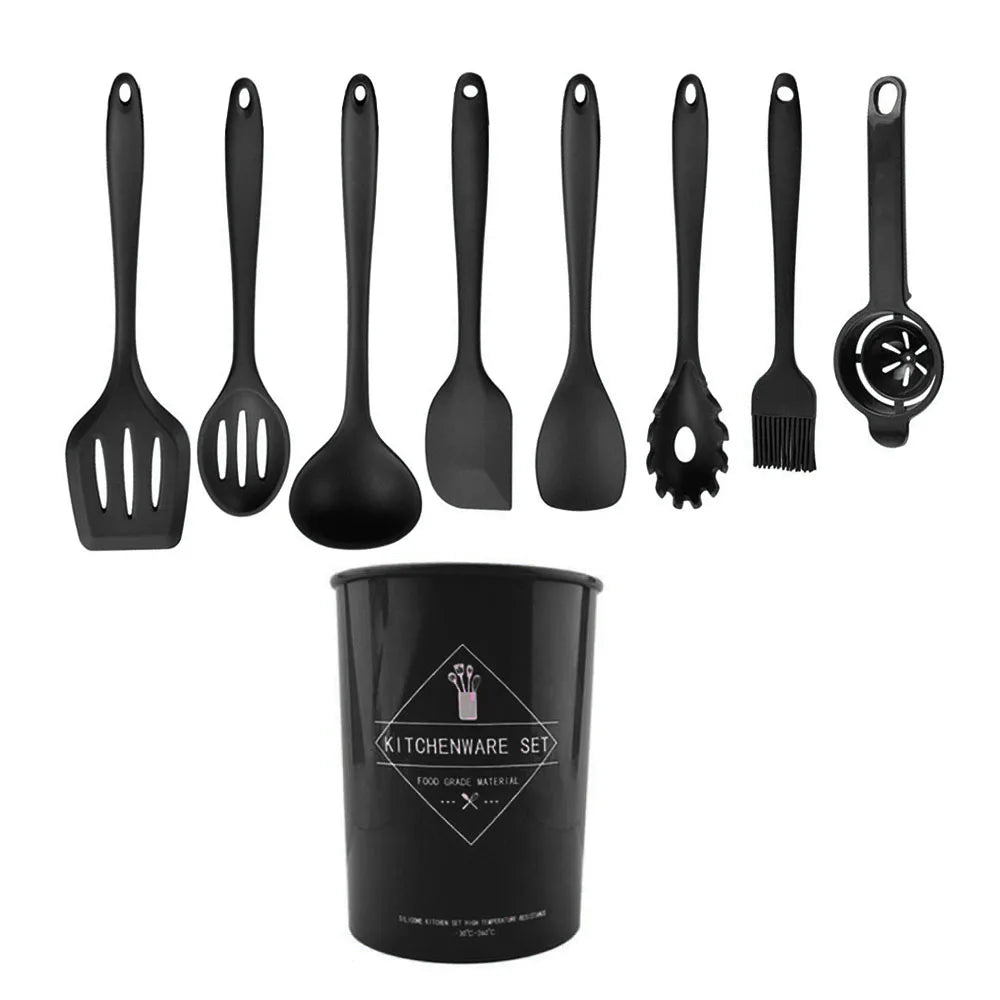 Conjunto de utensílios de cozinha de silicone resistente ao calor verde, colher de sopa, pincel, concha, espátula para macarrão, escorredor, utensílios de cozinha antiaderentes