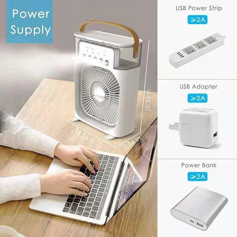 Ar condicionado portátil 3 em 1, umidificador, ventilador, com luzes em LED.