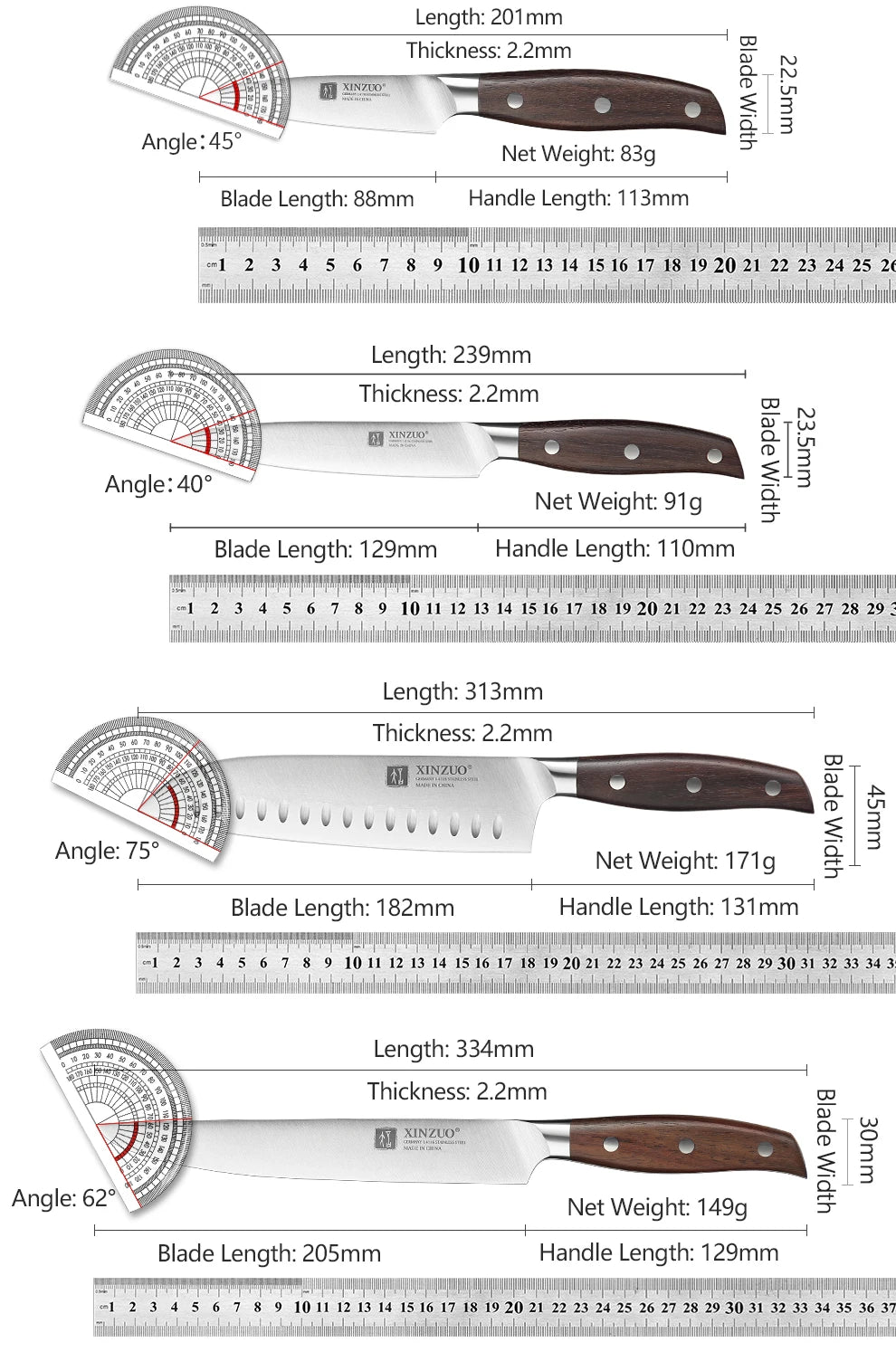 XINZUO Professional Full 7 PCS Conjunto de facas de cozinha em aço inoxidável alemão 1.4116 Conjuntos de facas de cozinha Melhor ferramenta de corte de cozinha Santoku