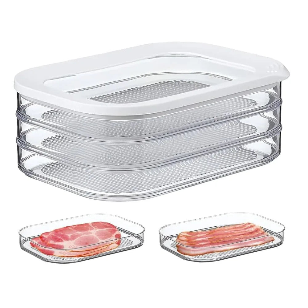 Recipiente de carne para geladeira Bacon Almoço Recipiente de carne para geladeira Recipientes de preparação de refeições Caixas de armazenamento de alimentos empilháveis com tampa