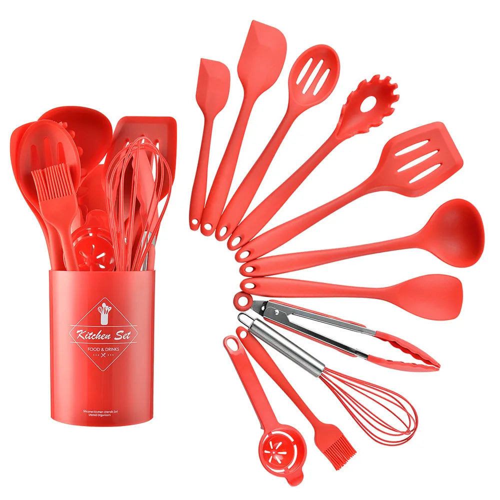 Conjunto de utensílios de cozinha de silicone resistente ao calor verde, colher de sopa, pincel, concha, espátula para macarrão, escorredor, utensílios de cozinha antiaderentes