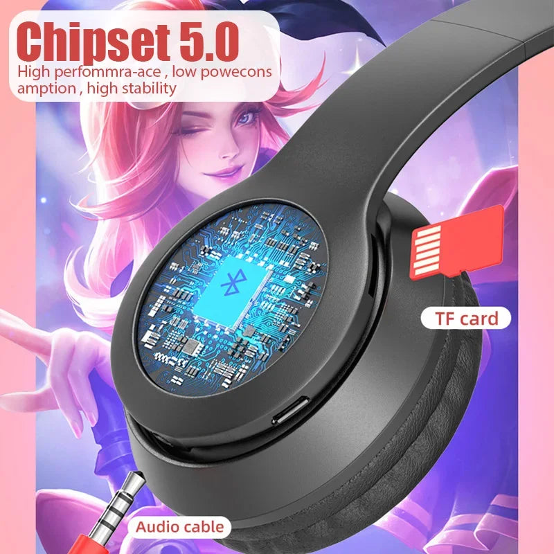 P47M Fone de ouvido sem fio Flash Light Cute Cat Ears Fone com controle de microfone LED Stereo Music Helmet Phone Bluetooth Headset Gift