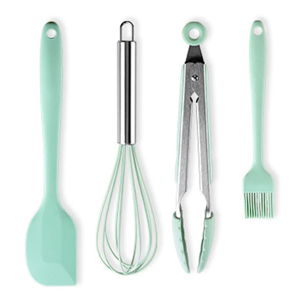 Conjunto de utensílios de cozinha de silicone resistente ao calor verde, colher de sopa, pincel, concha, espátula para macarrão, escorredor, utensílios de cozinha antiaderentes