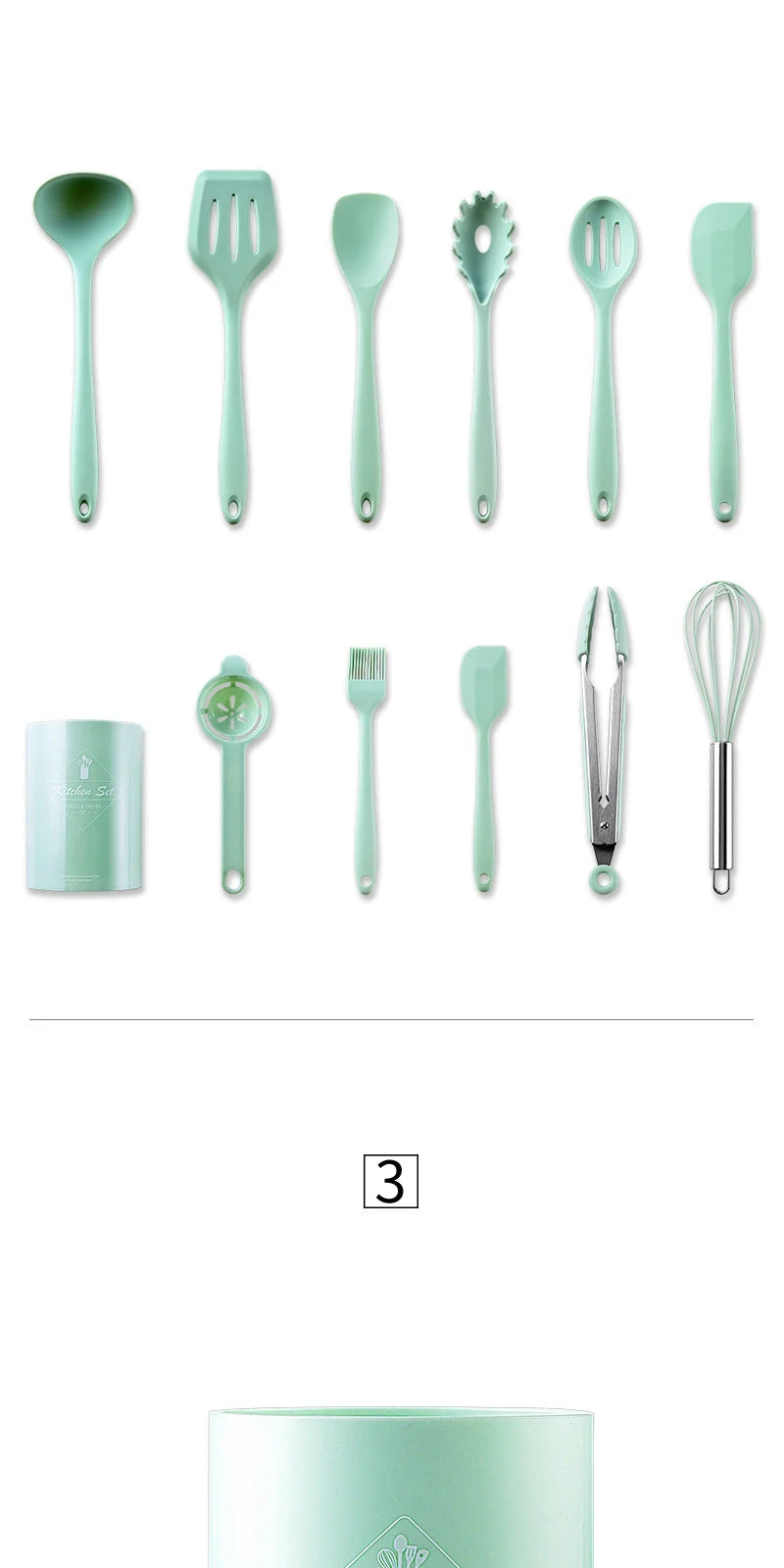 Conjunto de utensílios de cozinha de silicone resistente ao calor verde, colher de sopa, pincel, concha, espátula para macarrão, escorredor, utensílios de cozinha antiaderentes