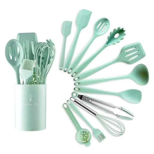 Conjunto de utensílios de cozinha de silicone resistente ao calor verde, colher de sopa, pincel, concha, espátula para macarrão, escorredor, utensílios de cozinha antiaderentes