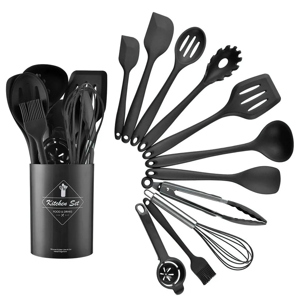 Conjunto de utensílios de cozinha de silicone resistente ao calor verde, colher de sopa, pincel, concha, espátula para macarrão, escorredor, utensílios de cozinha antiaderentes