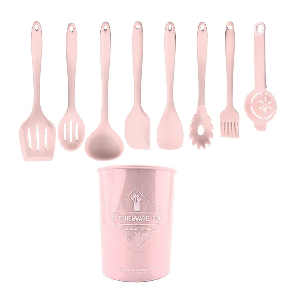 Conjunto de utensílios de cozinha de silicone resistente ao calor verde, colher de sopa, pincel, concha, espátula para macarrão, escorredor, utensílios de cozinha antiaderentes