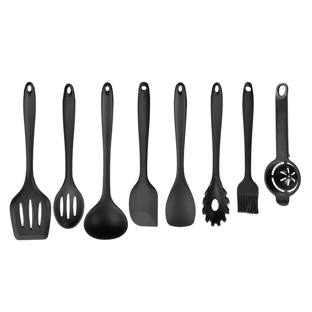 Conjunto de utensílios de cozinha de silicone resistente ao calor verde, colher de sopa, pincel, concha, espátula para macarrão, escorredor, utensílios de cozinha antiaderentes