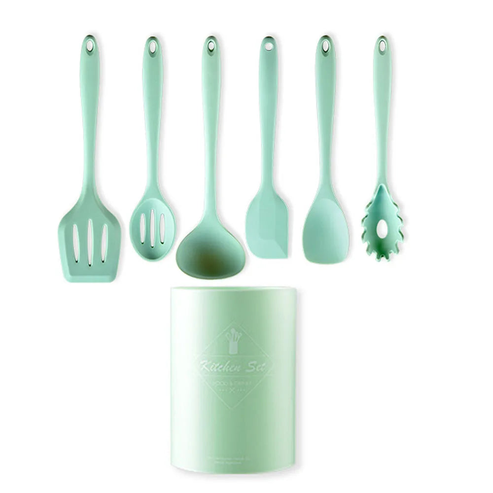 Conjunto de utensílios de cozinha de silicone resistente ao calor verde, colher de sopa, pincel, concha, espátula para macarrão, escorredor, utensílios de cozinha antiaderentes