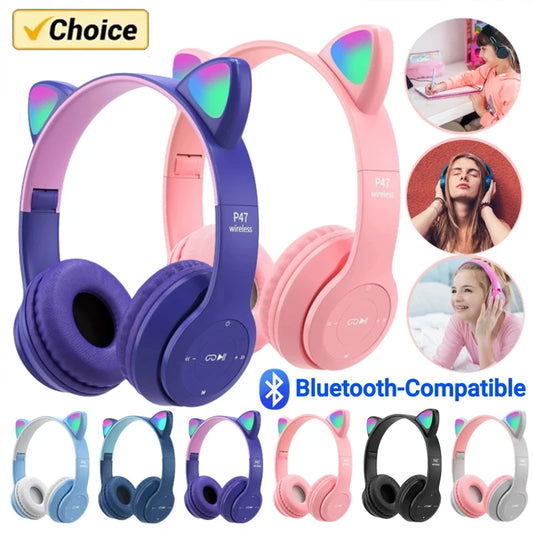 P47M Fone de ouvido sem fio Flash Light Cute Cat Ears Fone com controle de microfone LED Stereo Music Helmet Phone Bluetooth Headset Gift