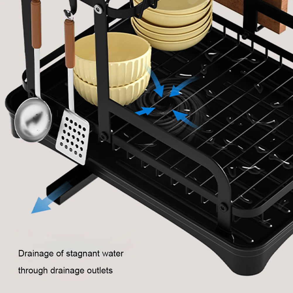 Novo rack de armazenamento giratório 360°, rack de secagem de louças de cozinha de camada dupla com dreno, rack de armazenamento de louças para louças