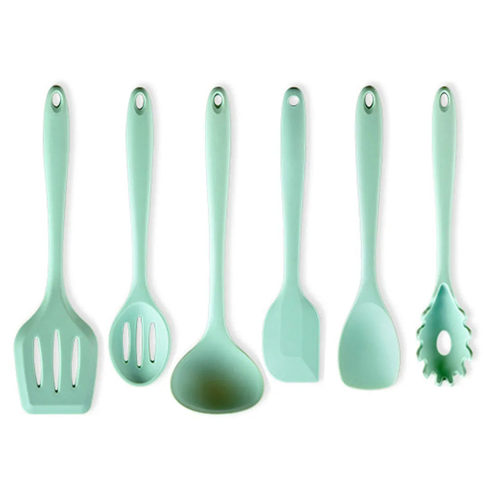 Conjunto de utensílios de cozinha de silicone resistente ao calor verde, colher de sopa, pincel, concha, espátula para macarrão, escorredor, utensílios de cozinha antiaderentes