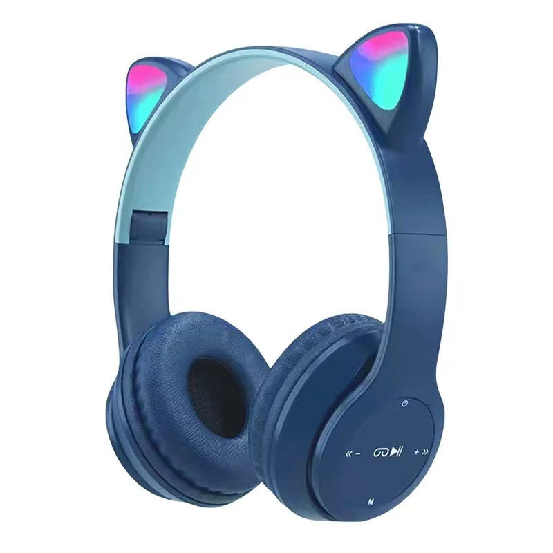 P47M Fone de ouvido sem fio Flash Light Cute Cat Ears Fone com controle de microfone LED Stereo Music Helmet Phone Bluetooth Headset Gift