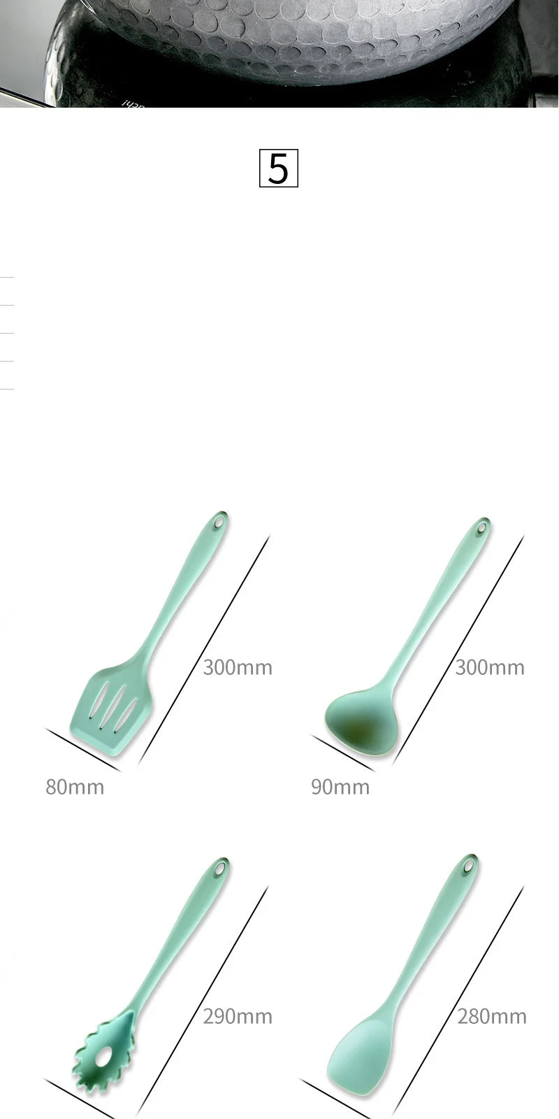 Conjunto de utensílios de cozinha de silicone resistente ao calor verde, colher de sopa, pincel, concha, espátula para macarrão, escorredor, utensílios de cozinha antiaderentes