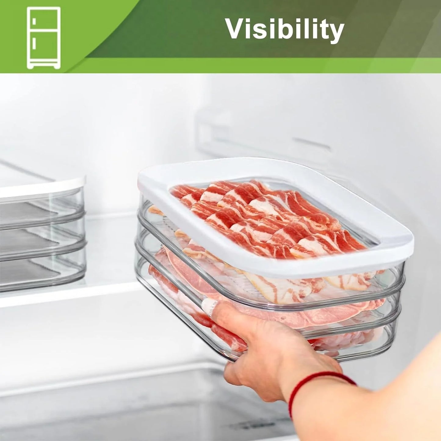 Recipiente de carne para geladeira Bacon Almoço Recipiente de carne para geladeira Recipientes de preparação de refeições Caixas de armazenamento de alimentos empilháveis com tampa