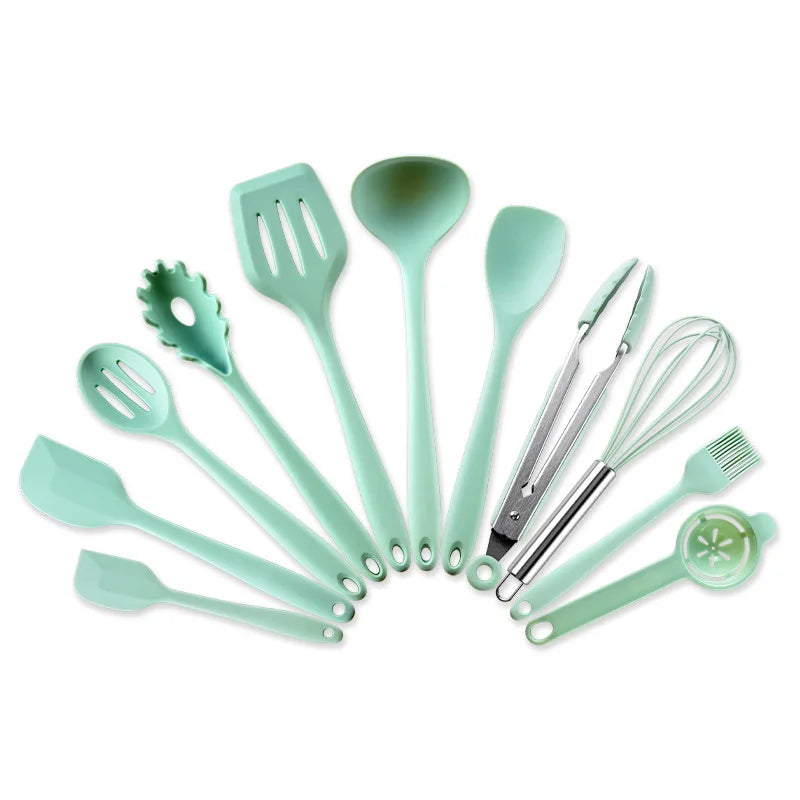 Conjunto de utensílios de cozinha de silicone resistente ao calor verde, colher de sopa, pincel, concha, espátula para macarrão, escorredor, utensílios de cozinha antiaderentes