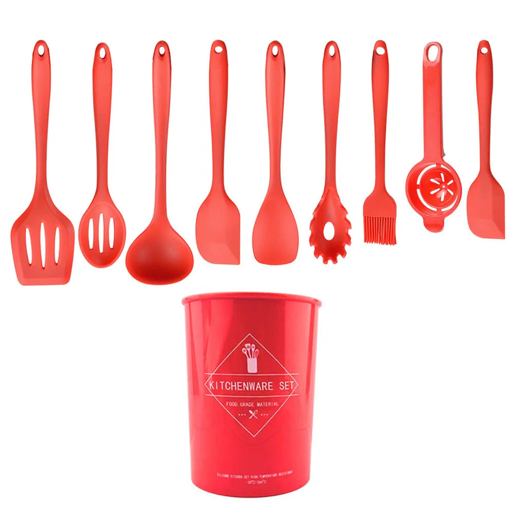 Conjunto de utensílios de cozinha de silicone resistente ao calor verde, colher de sopa, pincel, concha, espátula para macarrão, escorredor, utensílios de cozinha antiaderentes