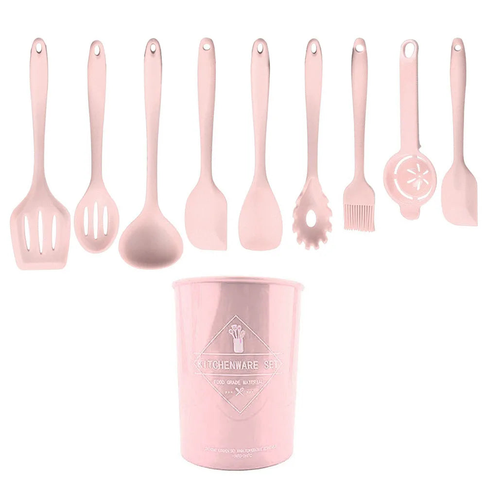 Conjunto de utensílios de cozinha de silicone resistente ao calor verde, colher de sopa, pincel, concha, espátula para macarrão, escorredor, utensílios de cozinha antiaderentes