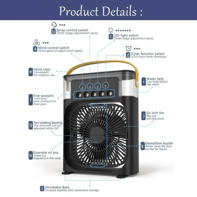 Ar condicionado portátil 3 em 1, umidificador, ventilador, com luzes em LED.