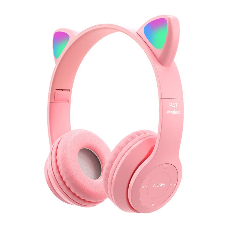 P47M Fone de ouvido sem fio Flash Light Cute Cat Ears Fone com controle de microfone LED Stereo Music Helmet Phone Bluetooth Headset Gift