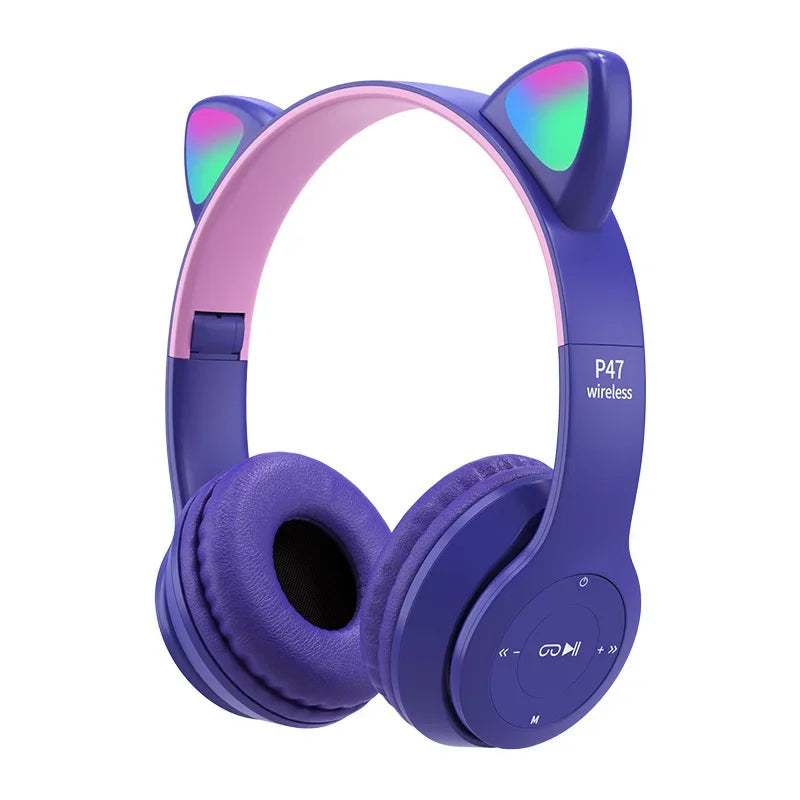 P47M Fone de ouvido sem fio Flash Light Cute Cat Ears Fone com controle de microfone LED Stereo Music Helmet Phone Bluetooth Headset Gift