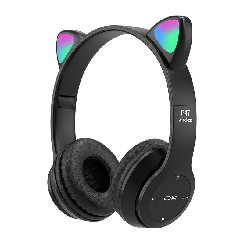 P47M Fone de ouvido sem fio Flash Light Cute Cat Ears Fone com controle de microfone LED Stereo Music Helmet Phone Bluetooth Headset Gift