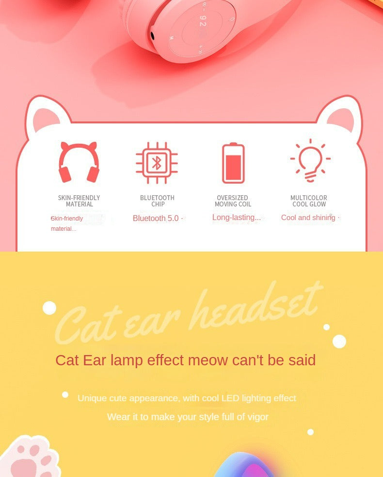 P47M Fone de ouvido sem fio Flash Light Cute Cat Ears Fone com controle de microfone LED Stereo Music Helmet Phone Bluetooth Headset Gift