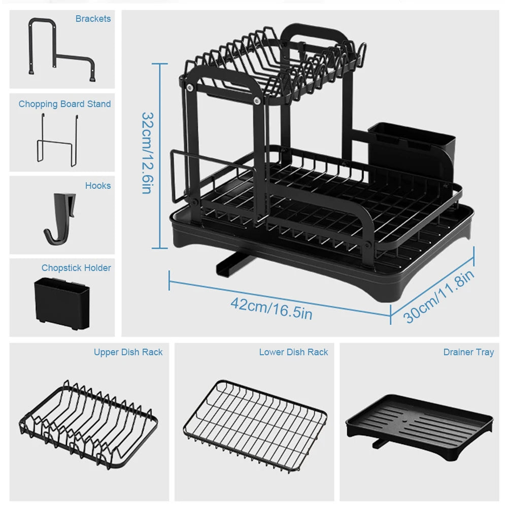 Novo rack de armazenamento giratório 360°, rack de secagem de louças de cozinha de camada dupla com dreno, rack de armazenamento de louças para louças